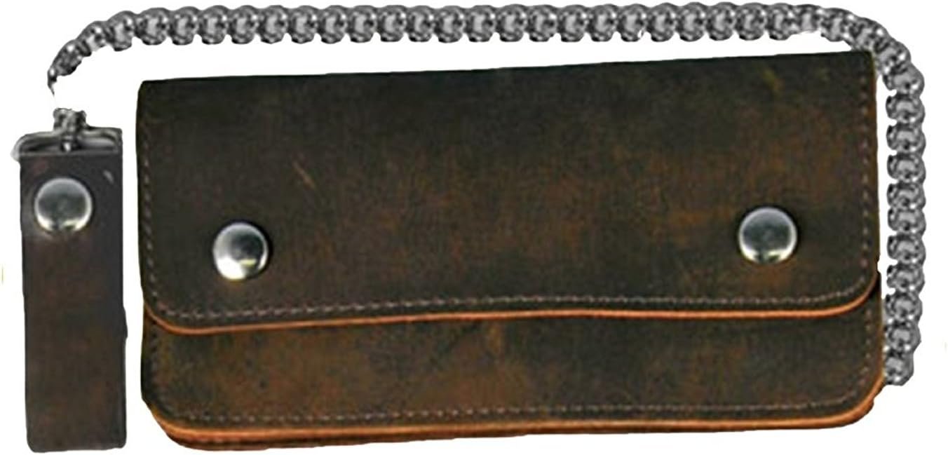 Leather Biker Billfold Chain 8 inch Wallet Natural Tan Brown Distressed Leather Made in USA