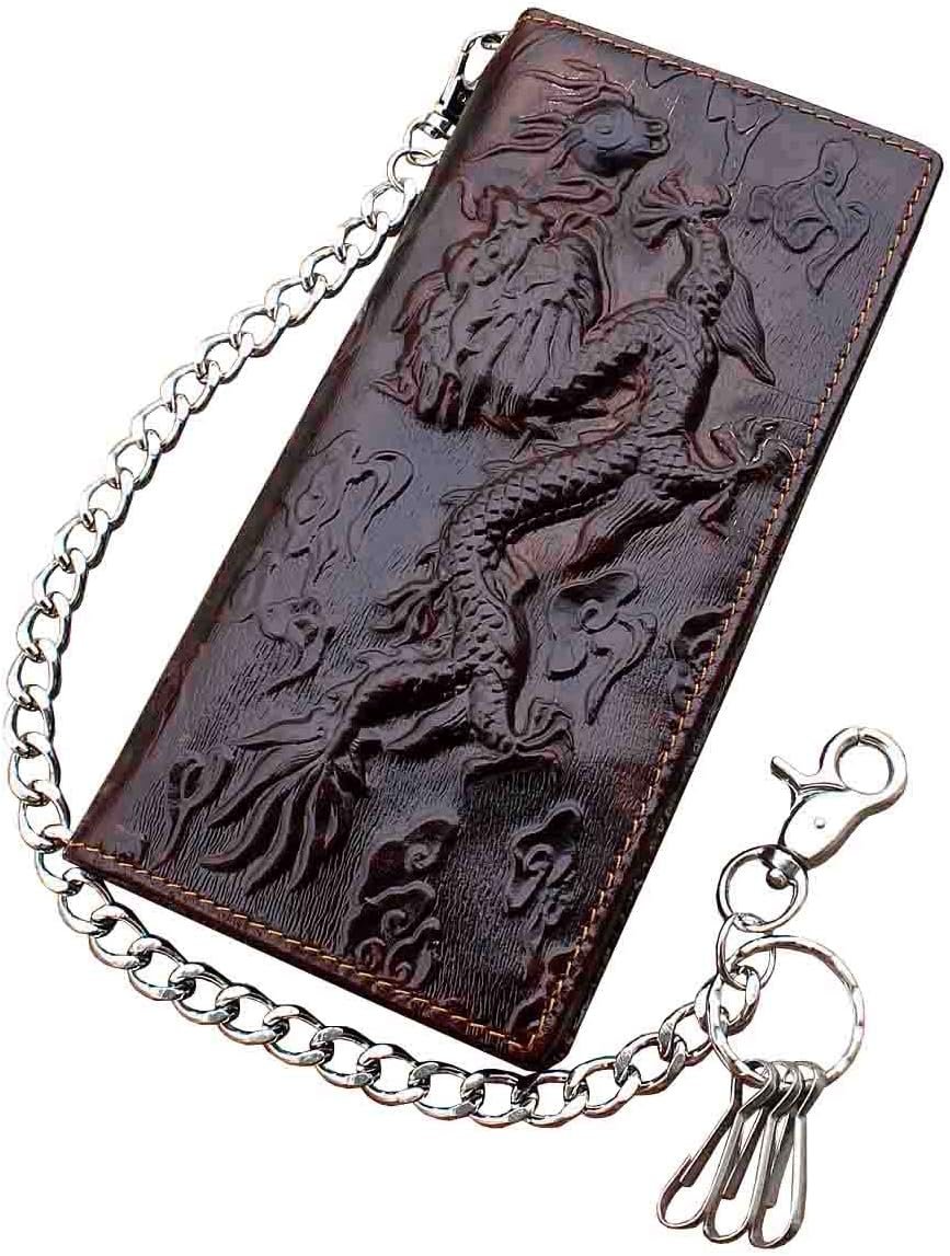 Vintage Biker Trucker Chain Leather Wallet With Dragon Tatto For Mens Boys