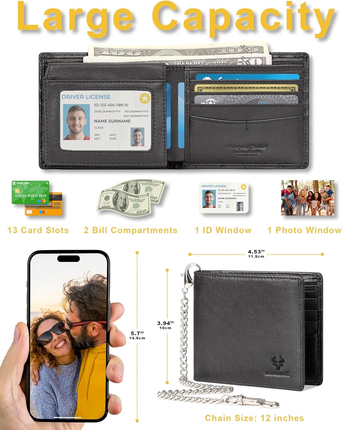 Mens Wallet Leather RFID Blocking Bifold Wallet with Chain Male Cash Credit Card Wallet with 2 ID Window for Father Boyfriend (Black)