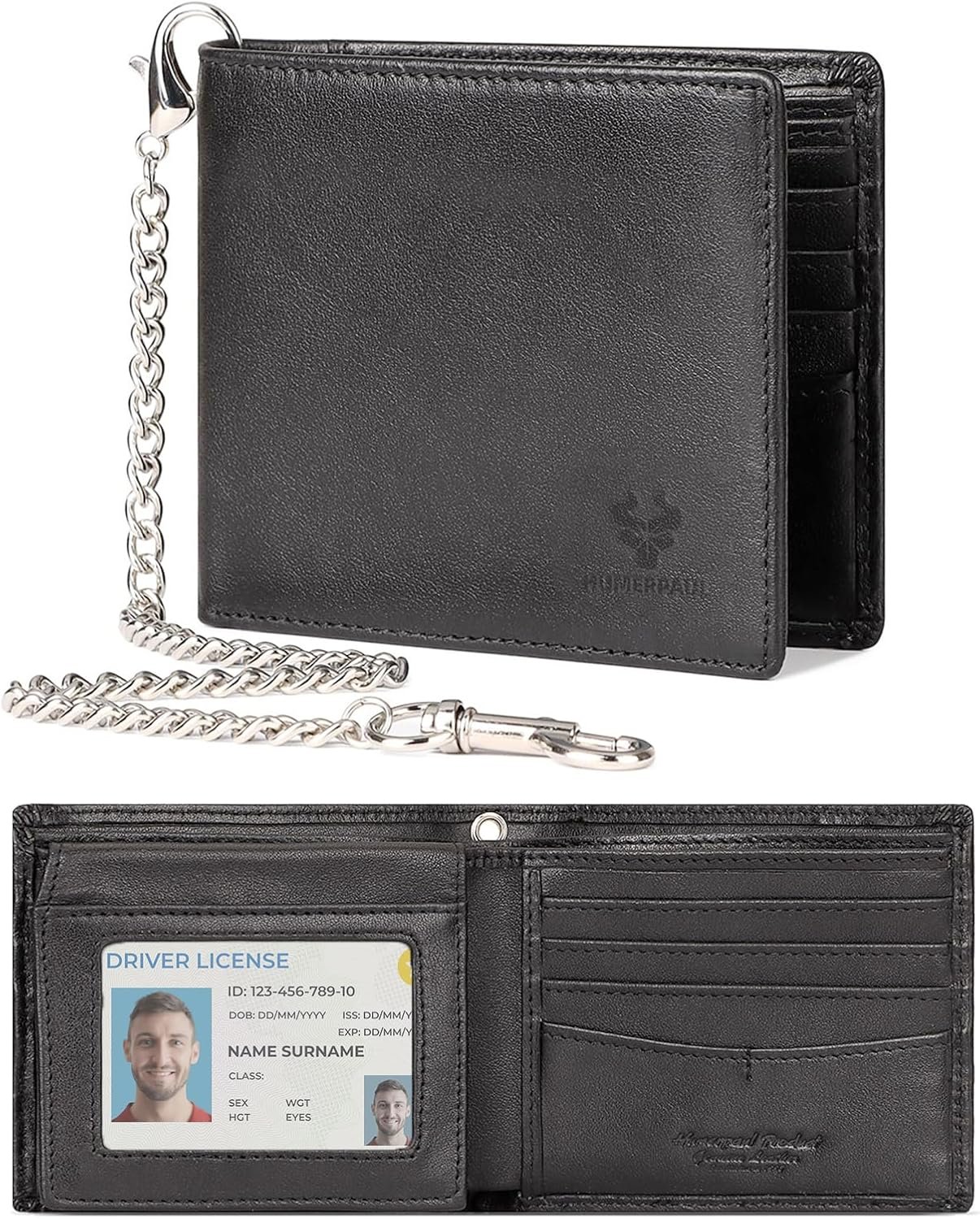 Mens Wallet Leather RFID Blocking Bifold Wallet with Chain Male Cash Credit Card Wallet with 2 ID Window for Father Boyfriend (Black)