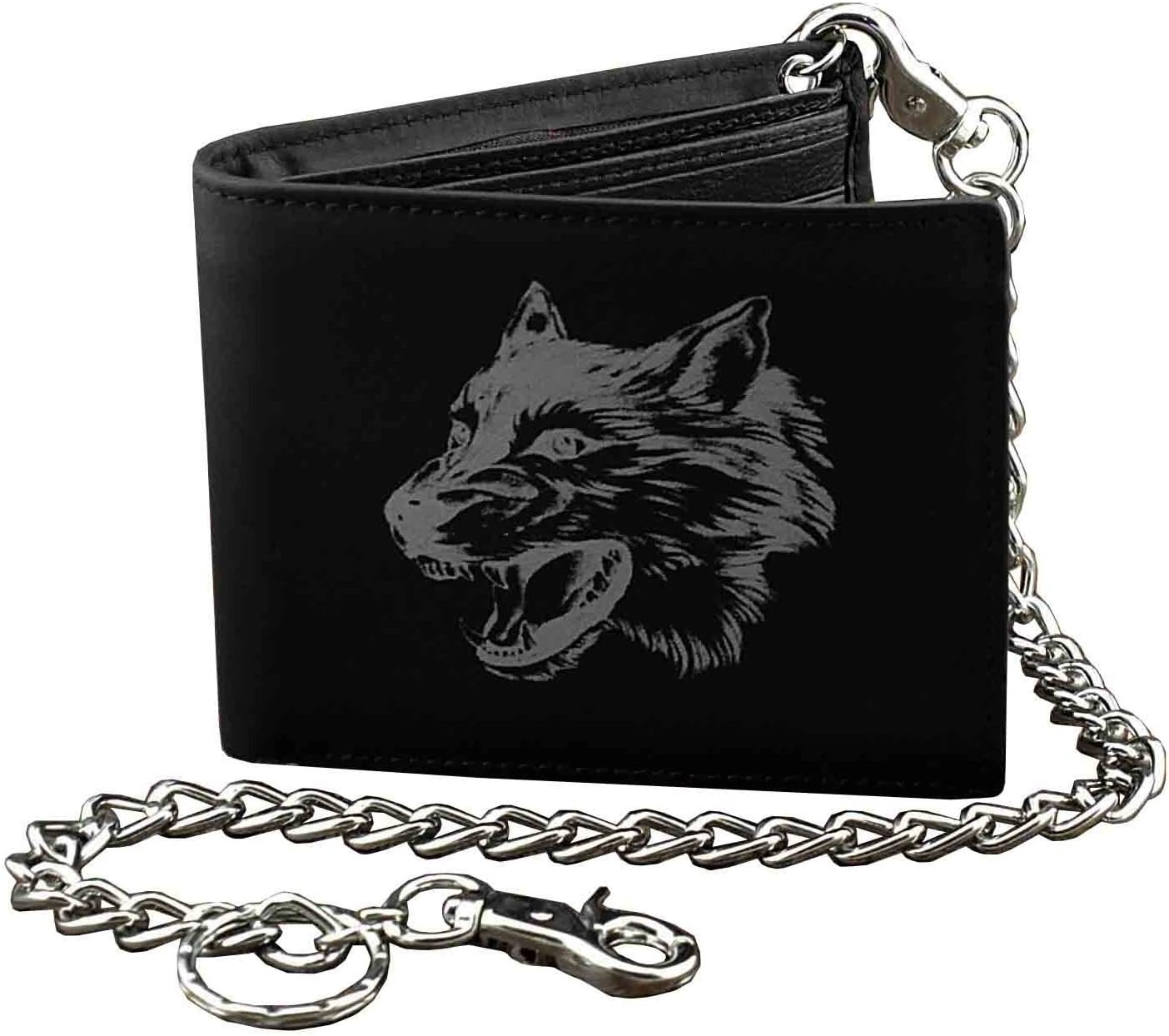 Wolf design Leather Mens Bi-Fold Wallet BLACK w/ Biker long Chain