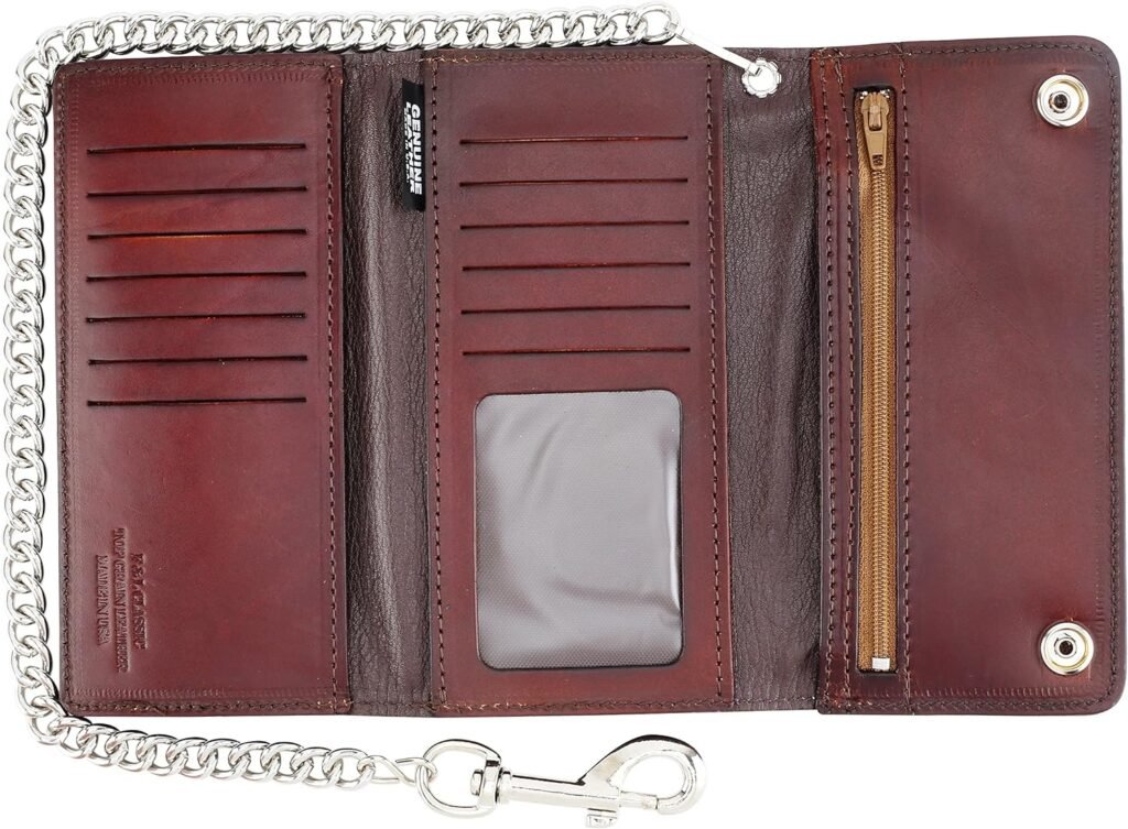 Mens Tri-fold Vintage Long Style Cow Top Grain Leather Steel Chain Wallet,Made In USA,Snap closure,ab339,Antique-brown