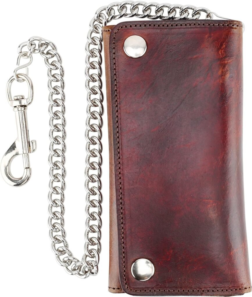 Mens Tri-fold Vintage Long Style Cow Top Grain Leather Steel Chain Wallet,Made In USA,Snap closure,ab339,Antique-brown