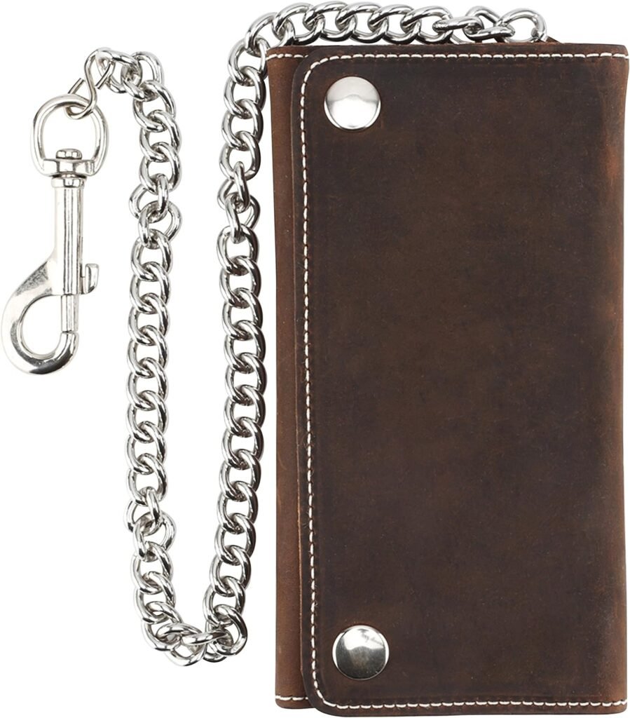 RFID Blocking Mens Tri-fold Vintage Long Style cow Leather With Chain card holder Wallet,MADE IN USA