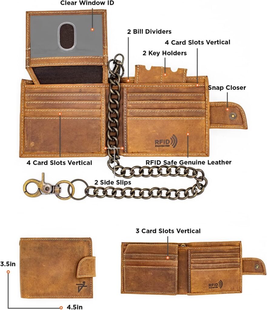 Chain Wallet for Men Leather Bifold Wallet with Stainless chain Wallet Flip up Window ID Popper Closure Crazy Horse Vintage Style (Rustic Brown)