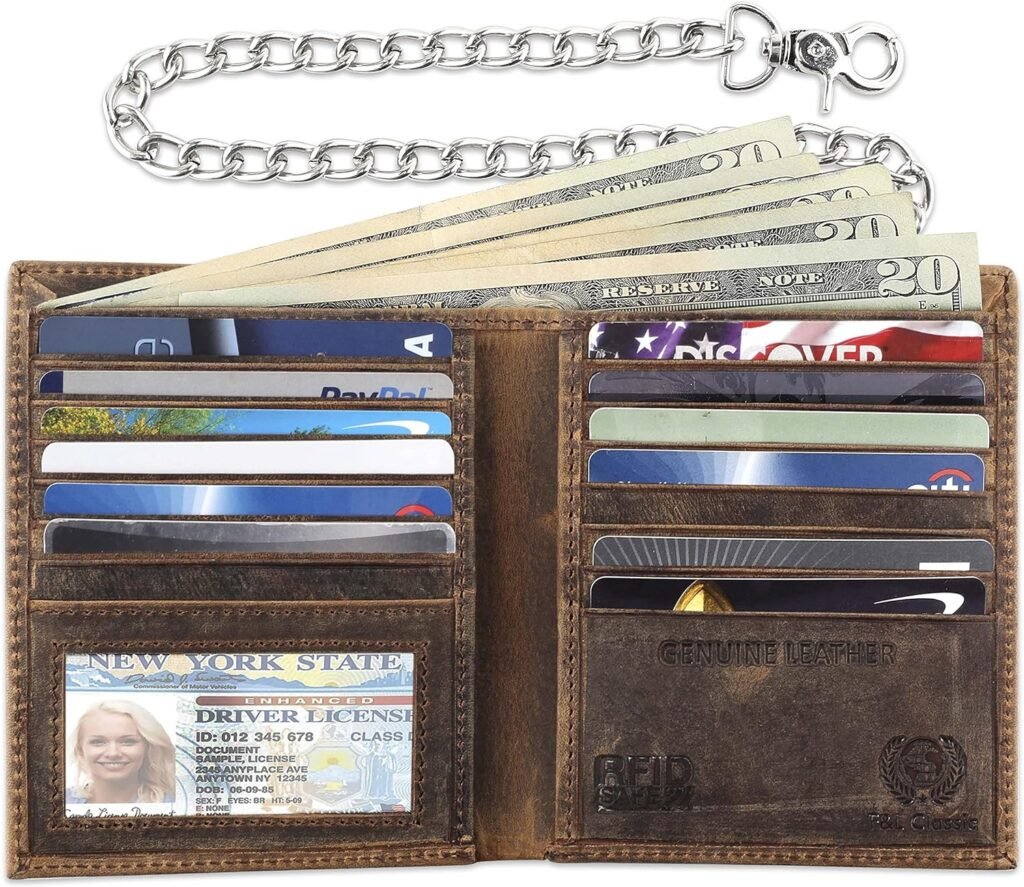FL CLASSIC Mens Chain Wallet | RFID Blocking | Buffalo vintage Leather | Bi-Fold Big Hipster | 186 black w/chain