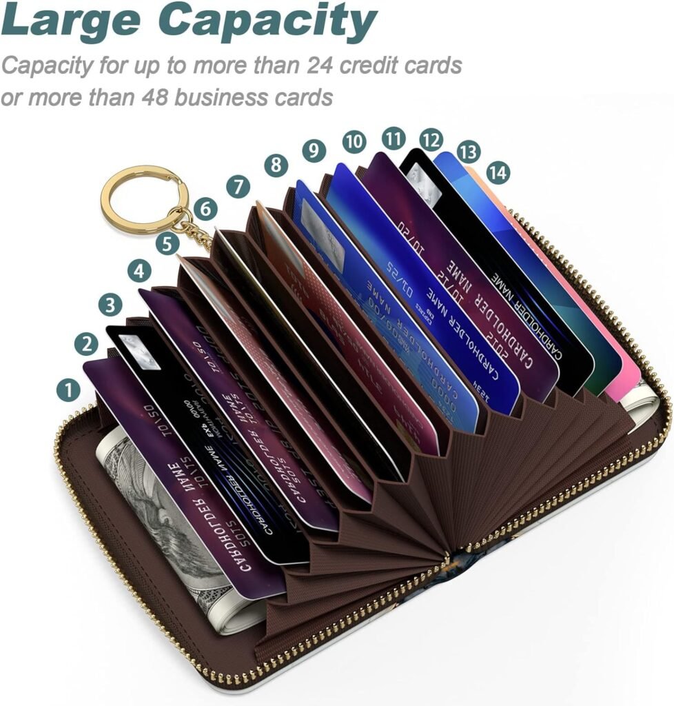 Nipichsha Womens Credit Card Holder Wallet, Green Flower, Leather, Compact, Slim, 12-Slot, RFID Blocking