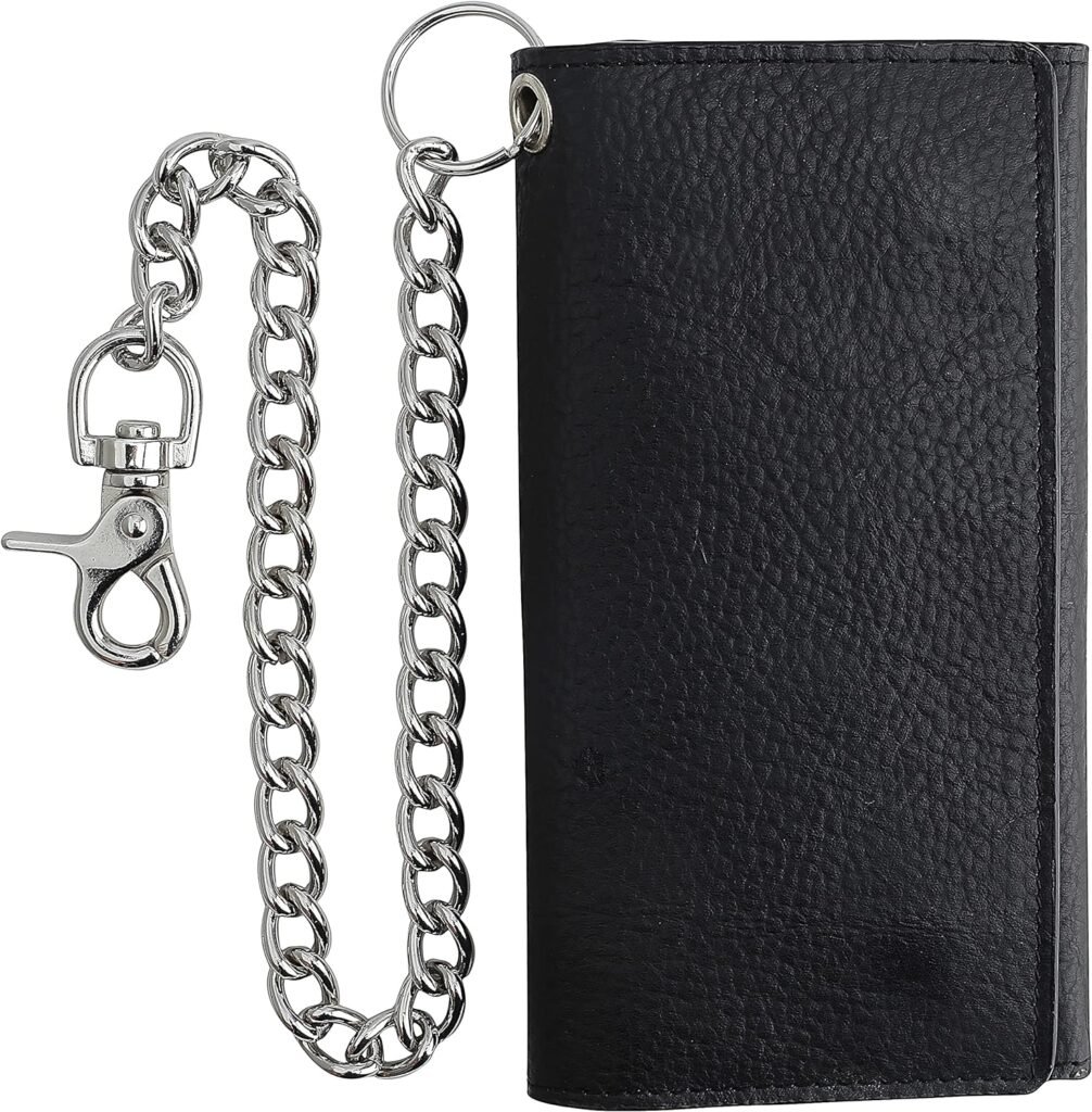 FL CLASSIC RFID Blocking Mens Tri-fold Long Style Cowhide Leather Steel Chain Wallet,Black
