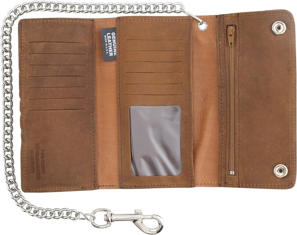 RFID Blocking Mens Tri-fold Vintage Long Style cow Leather With Chain card holder Wallet,MADE IN USA