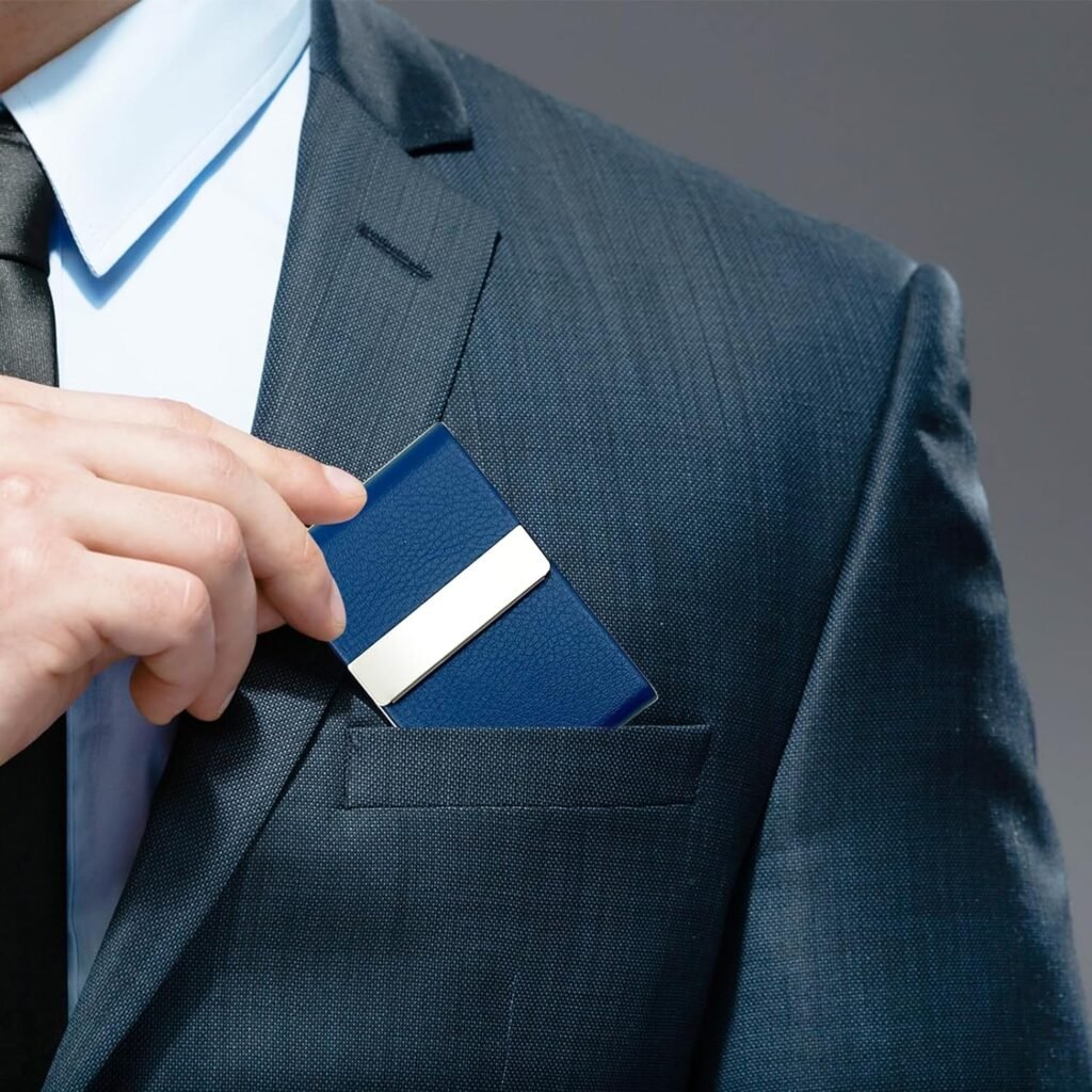 RFID Blocking Wallet - Minimalist Leather Business Credit Card Holder - Woven Pattern Blue
