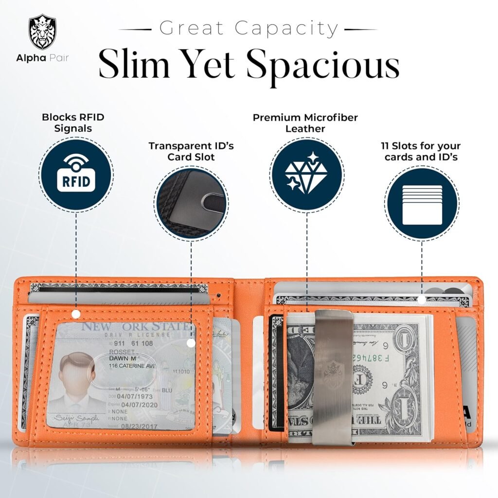 Slim Wallet for Men - RFID Men Wallets with Money Clip and 12 Cards Holder - Compact Minimalist Mens Wallets Leather - Modern Bifold Gift Wallet for Men - Black Mens Wallet Front Pocket Thin - Orange